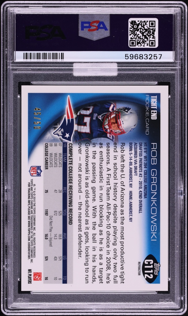 2010 Topps Chrome Running Gold Refractor Rob Gronkowski ROOKIE /50 #C112 MBA PSA 9 MINT - Photo 2