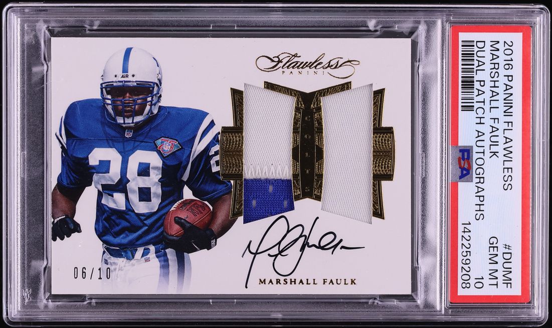 2016 Panini Flawless Dual Patch Marshall Faulk PATCH AUTO /10 #DUMF PSA 10 GEM MINT