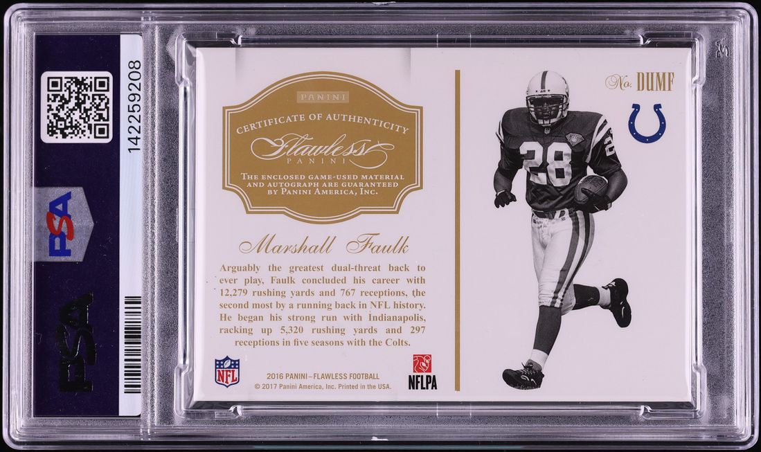 2016 Panini Flawless Dual Patch Marshall Faulk PATCH AUTO /10 #DUMF PSA 10 GEM MINT - Photo 2