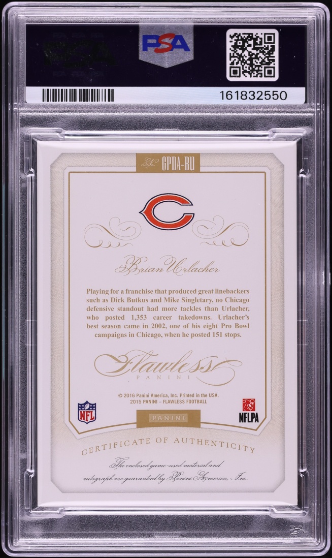 2015 Panini Flawless Greats Dual Emerald Brian Urlacher PATCH AUTO /5 #BU PSA 10 GEM MINT - Photo 2