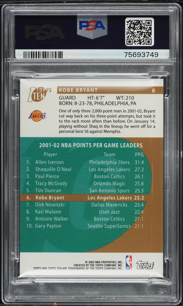 2002 Topps Ten Parallel Kobe Bryant #6 PSA 9 MINT