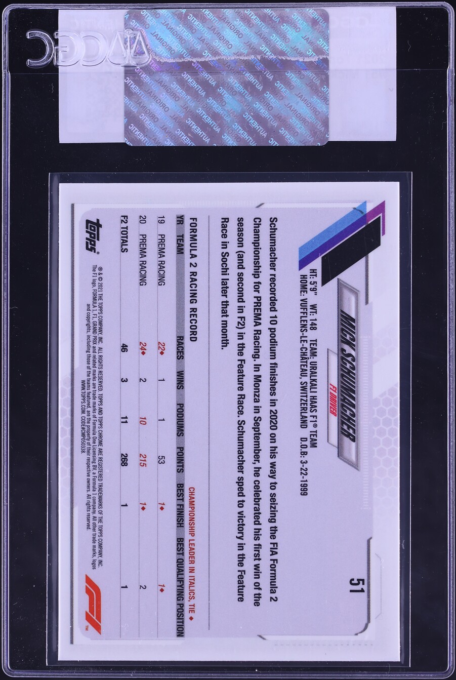 2021 Topps Chrome Formula 1 F1 Sapphire Mick Schumacher ROOKIE #51 CGC AUTH
