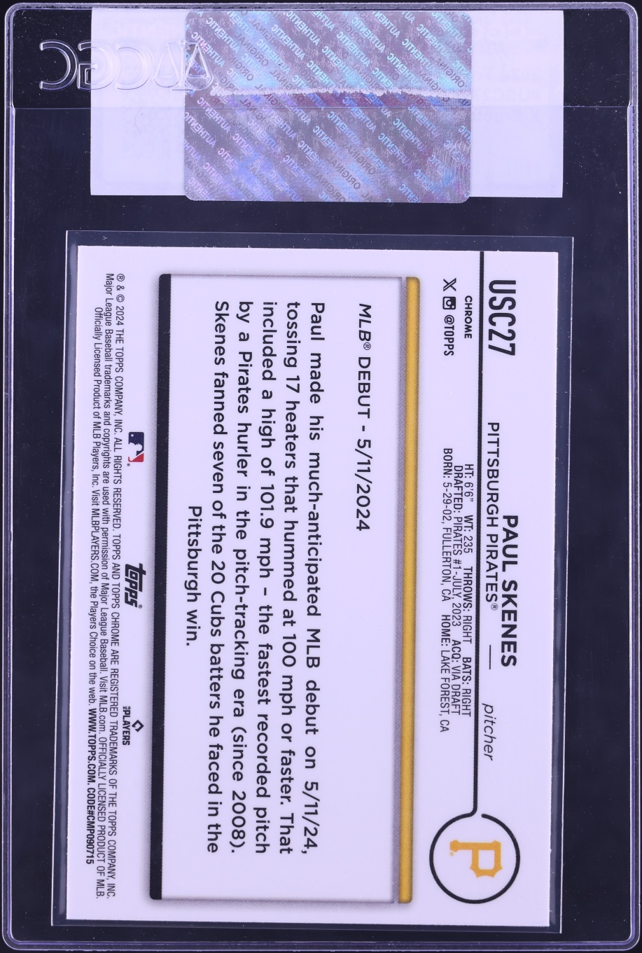 2024 Topps Chrome Update Xfractor Paul Skenes ROOKIE #USC27 CGC AUTH