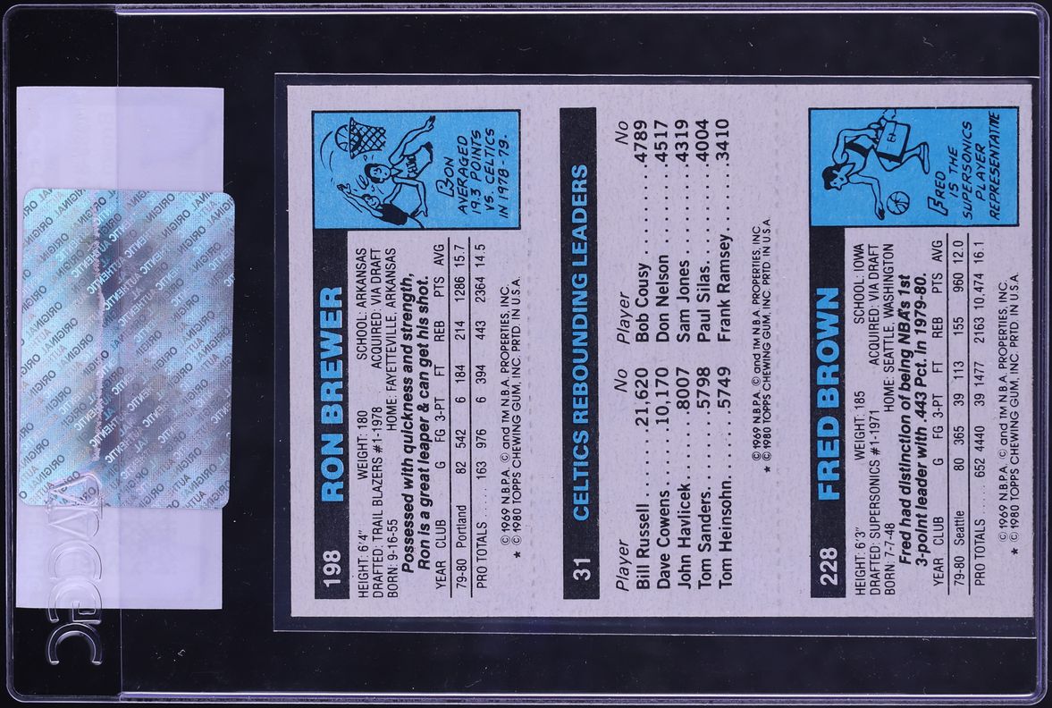 1980 Topps Basketball Fred Brown Larry Bird Ron Brewer ROOKIE CGC AUTH