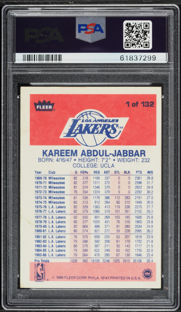 1986 Fleer Basketball Kareem Abdul-Jabbar #1 PSA 5 EX
