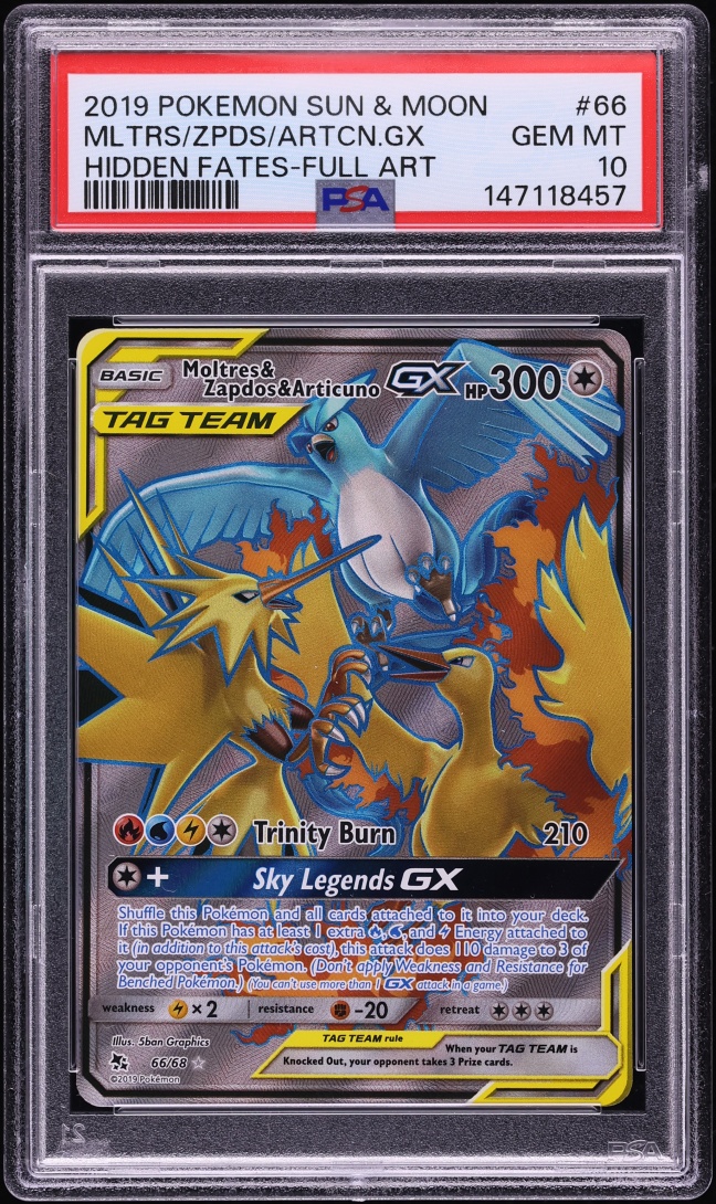 2019 Pokemon Sun & Moon Hidden Fates Full Art Moltres Zapdos Articuno GX #66 PSA 10 GEM MINT