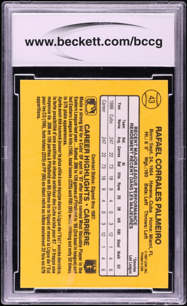 1987 Leaf Rafael Palmeiro ROOKIE #43 BCCG 10