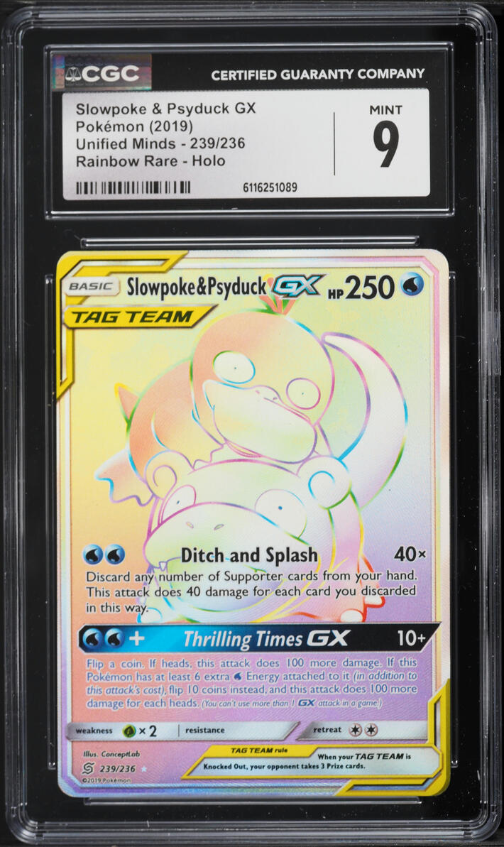 2019 Pokemon Sun & Moon Unified Minds Rainbow Rare Slowpoke & Psyduck GX #239 CGC 9 MINT