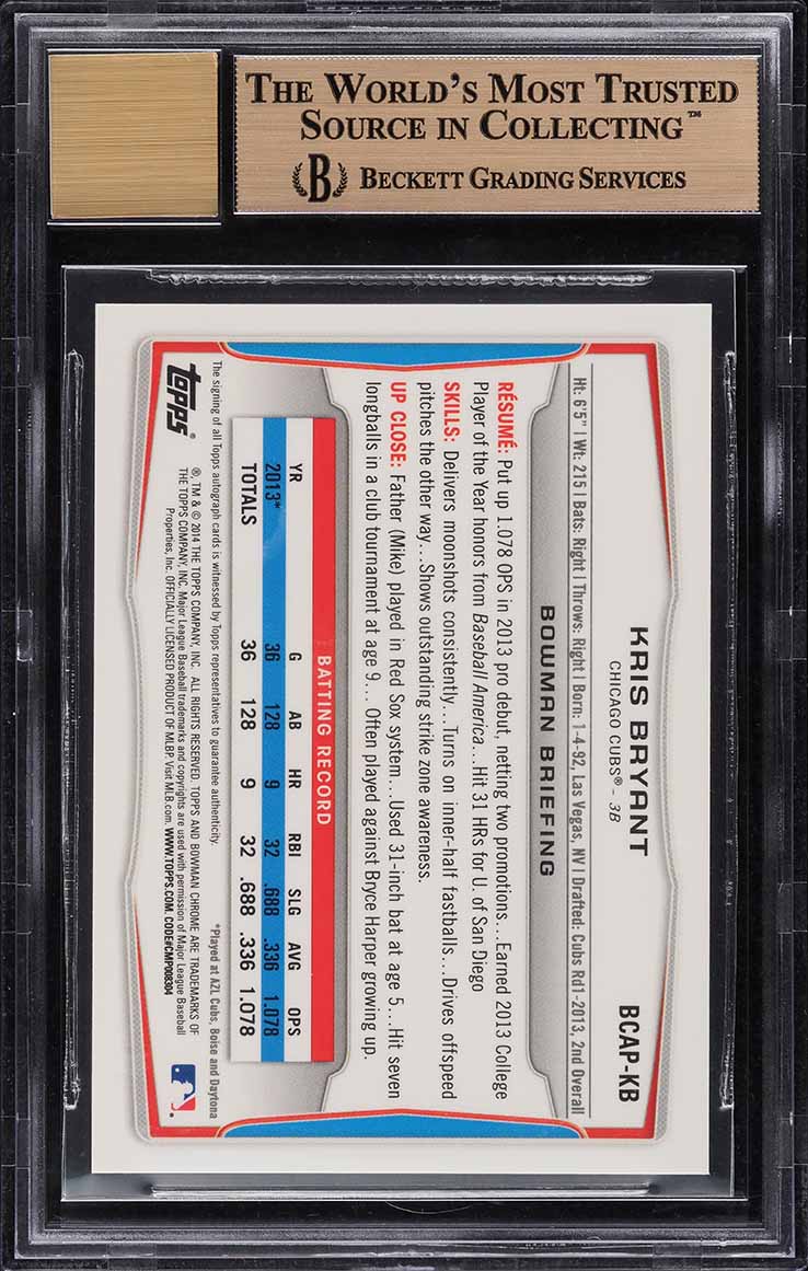 2014 Bowman Chrome Kris Bryant PROSPECT AUTO #BCAPKB BGS 10 PRISTINE