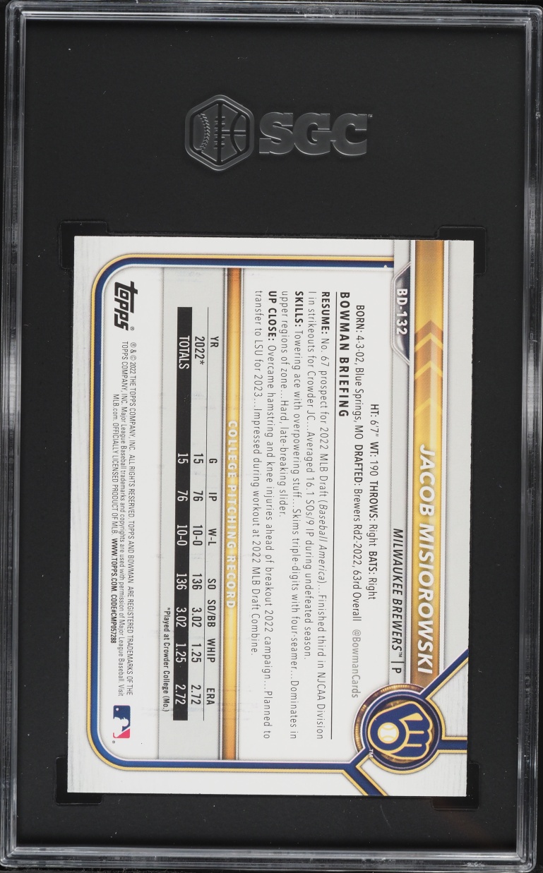 2022 Bowman Draft Jacob Misiorowski PROSPECT #BD-132 SGC 9 MINT