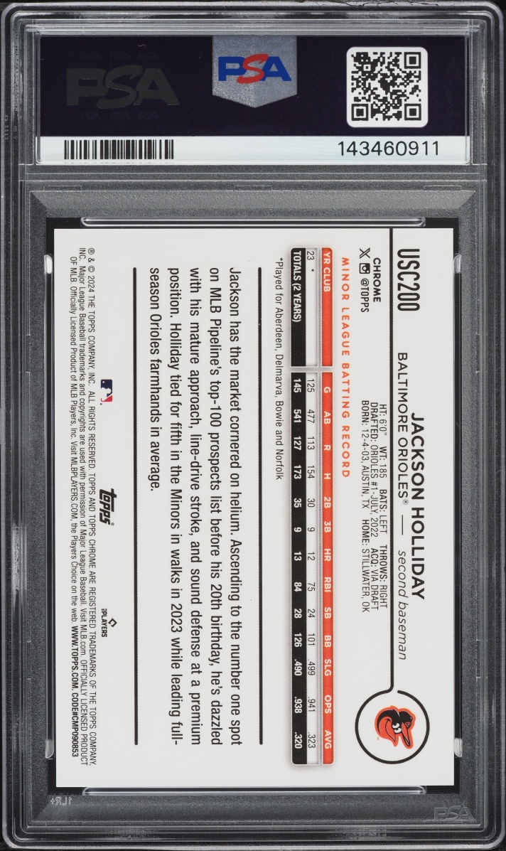 2024 Topps Chrome Update Orange Speckle Jackson Holliday SP ROOKIE /25 #USC200 PSA 10 GEM MINT