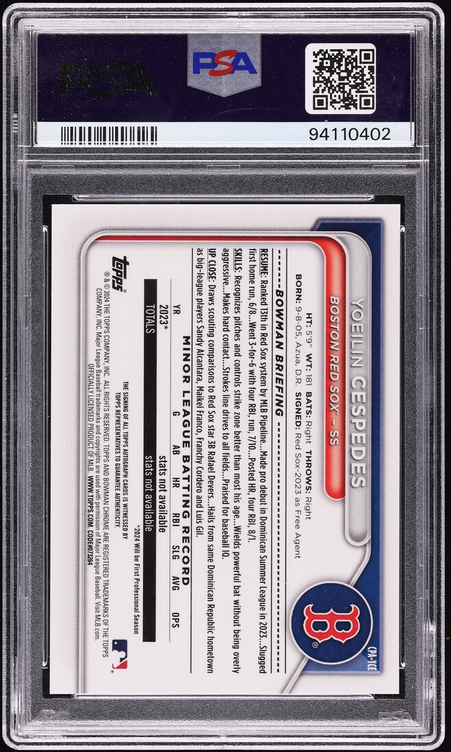 2024 Bowman Chrome Blue Lunar Ref. Yoeilin Cespedes PROSPECT AUTO /150 PSA 10