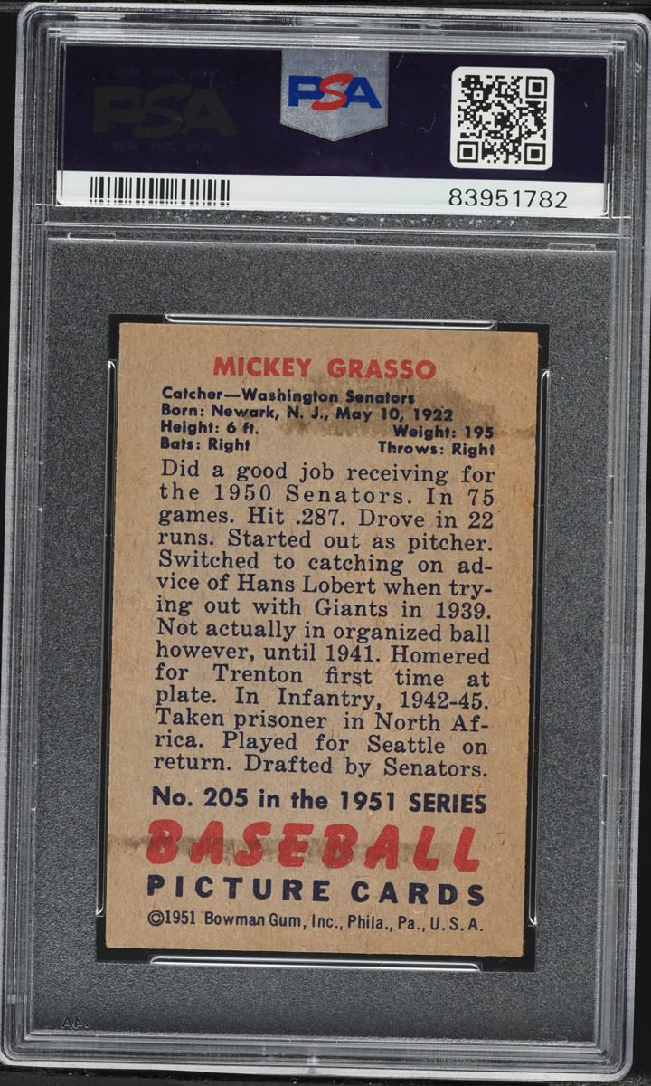 1951 Bowman Mickey Grasso #205 PSA 3 VG