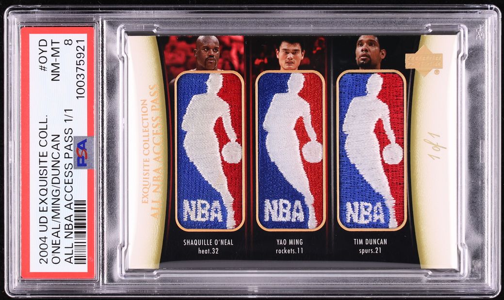 2004 Exquisite Shaquille O'Neal Yao Ming Tim Duncan NBA LOGOMAN PATCH 1/1 PSA 8
