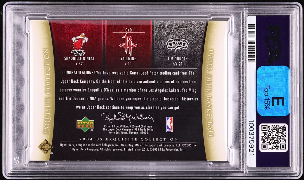 2004 Exquisite Shaquille O'Neal Yao Ming Tim Duncan NBA LOGOMAN PATCH 1/1 PSA 8