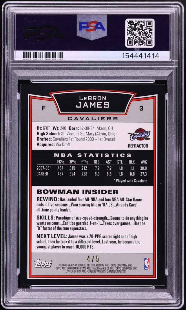 2008 Bowman Chrome Red Refractor LeBron James /5 #3 PSA 6 EXMT - Photo 2