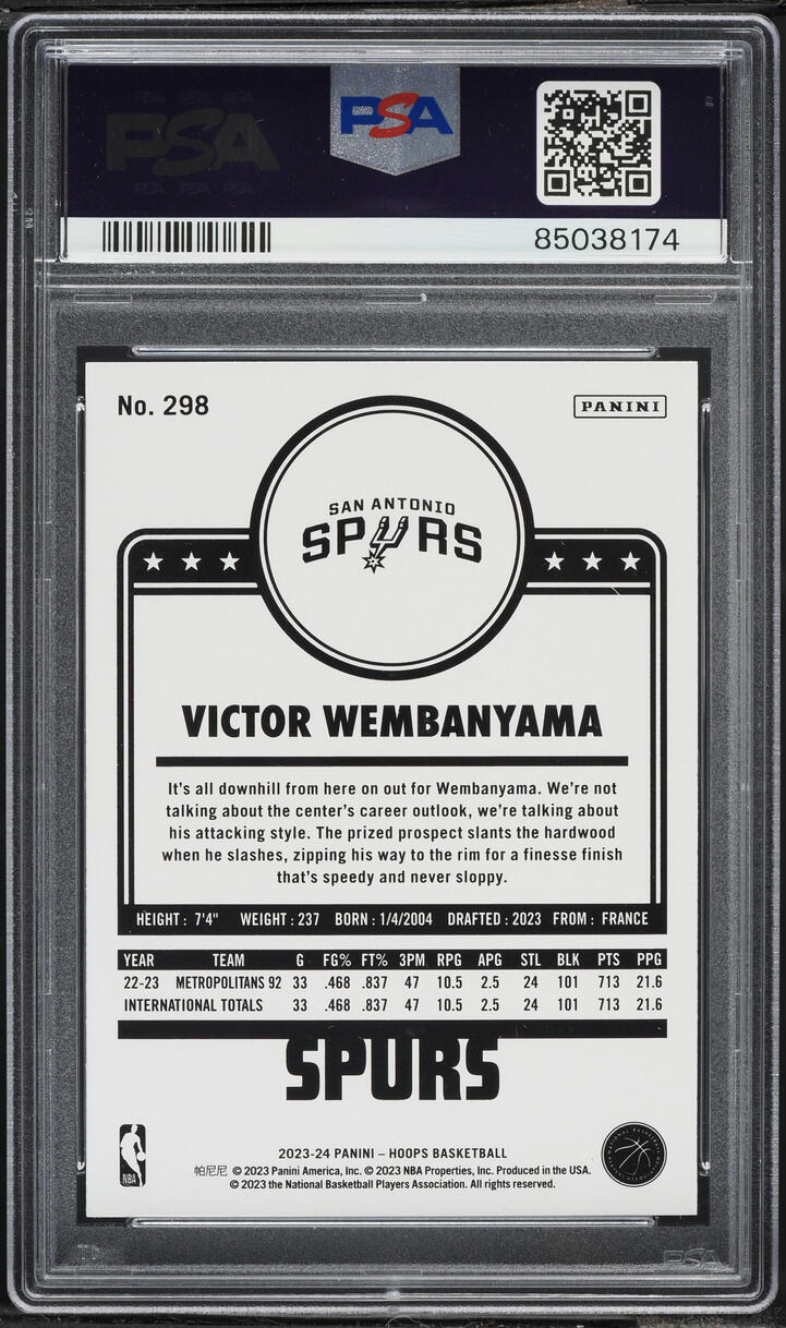 2023 Hoops Blue Victor Wembanyama ROOKIE #298 PSA 10 GEM MINT