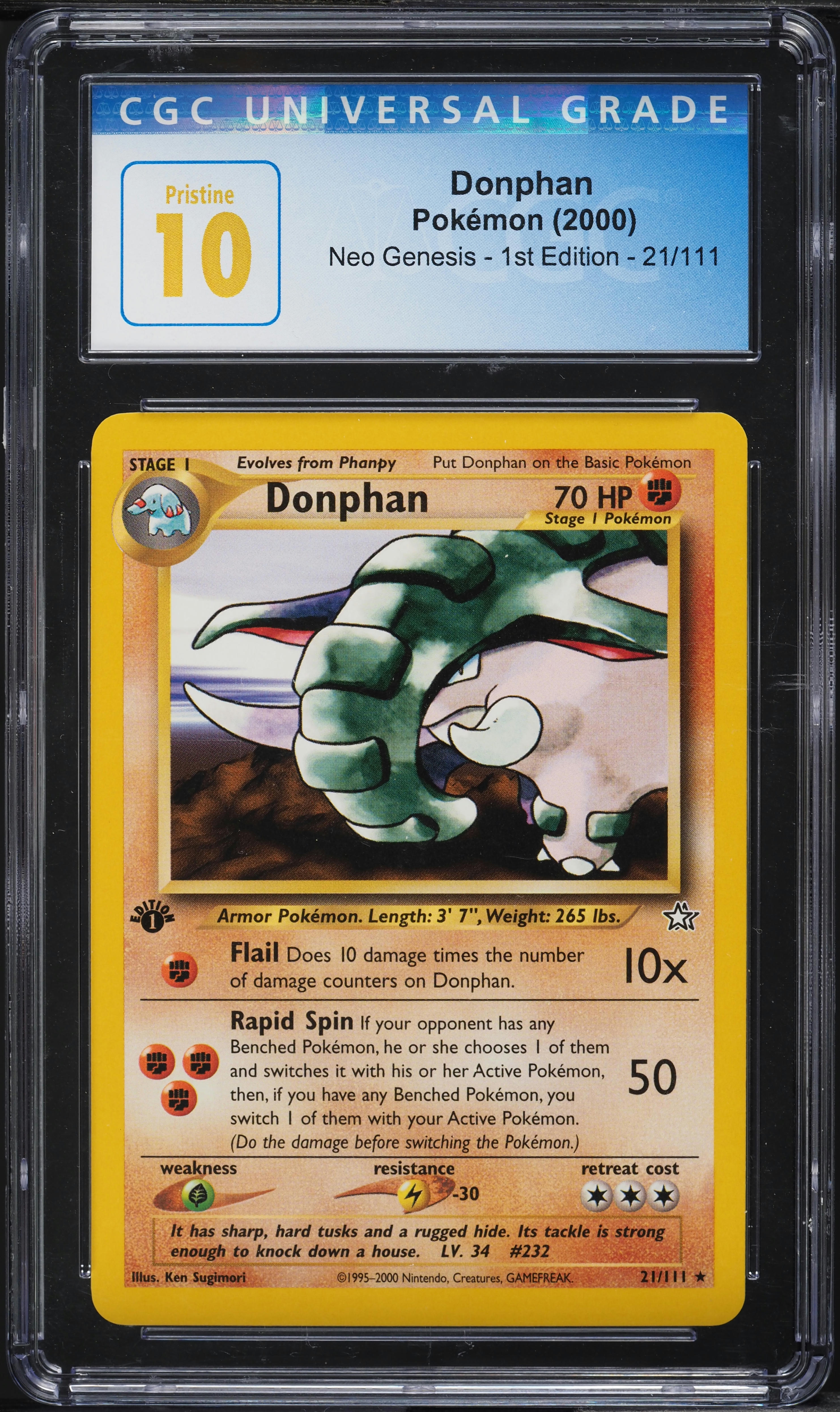 2000 Pokemon Neo Genesis 1st Edition Donphan #21 CGC 10 PRISTINE