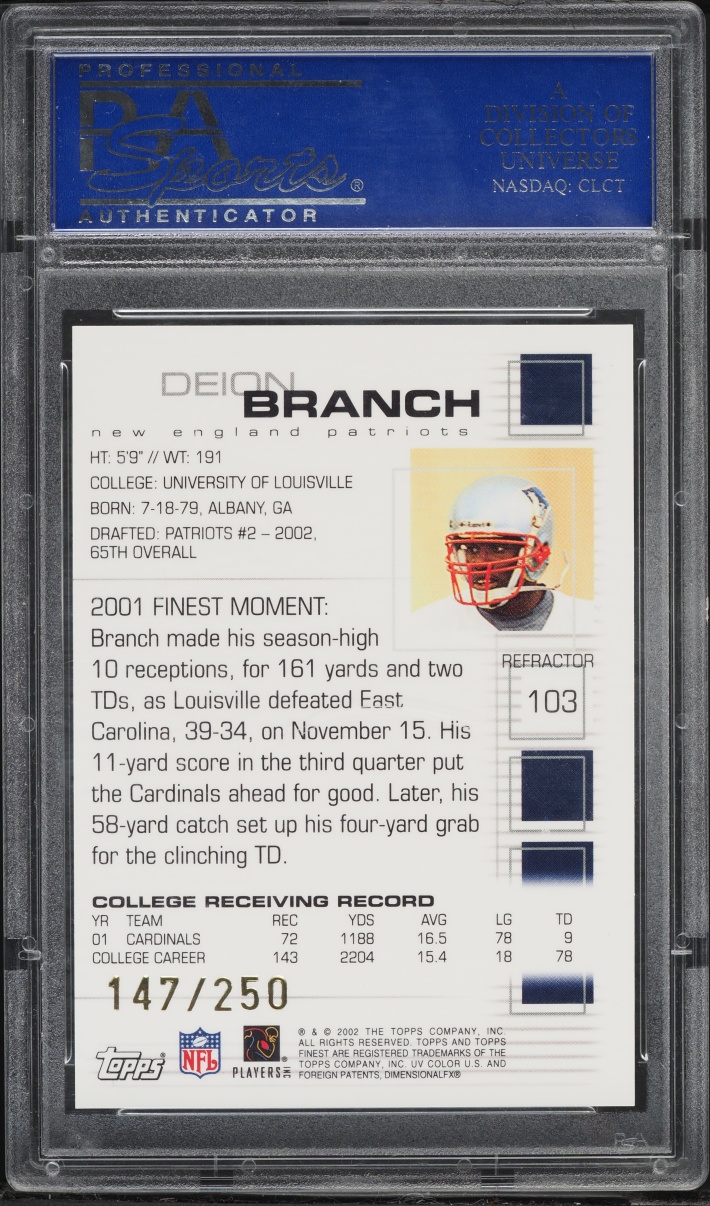 2002 Finest Refractor Deion Branch ROOKIE /250 #103 PSA 10 GEM MINT