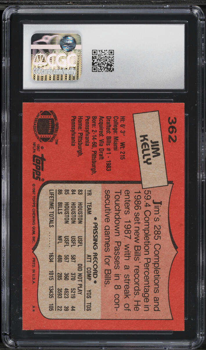 1987 Topps Football Jim Kelly ROOKIE #362 CGC 8 NM-MT
