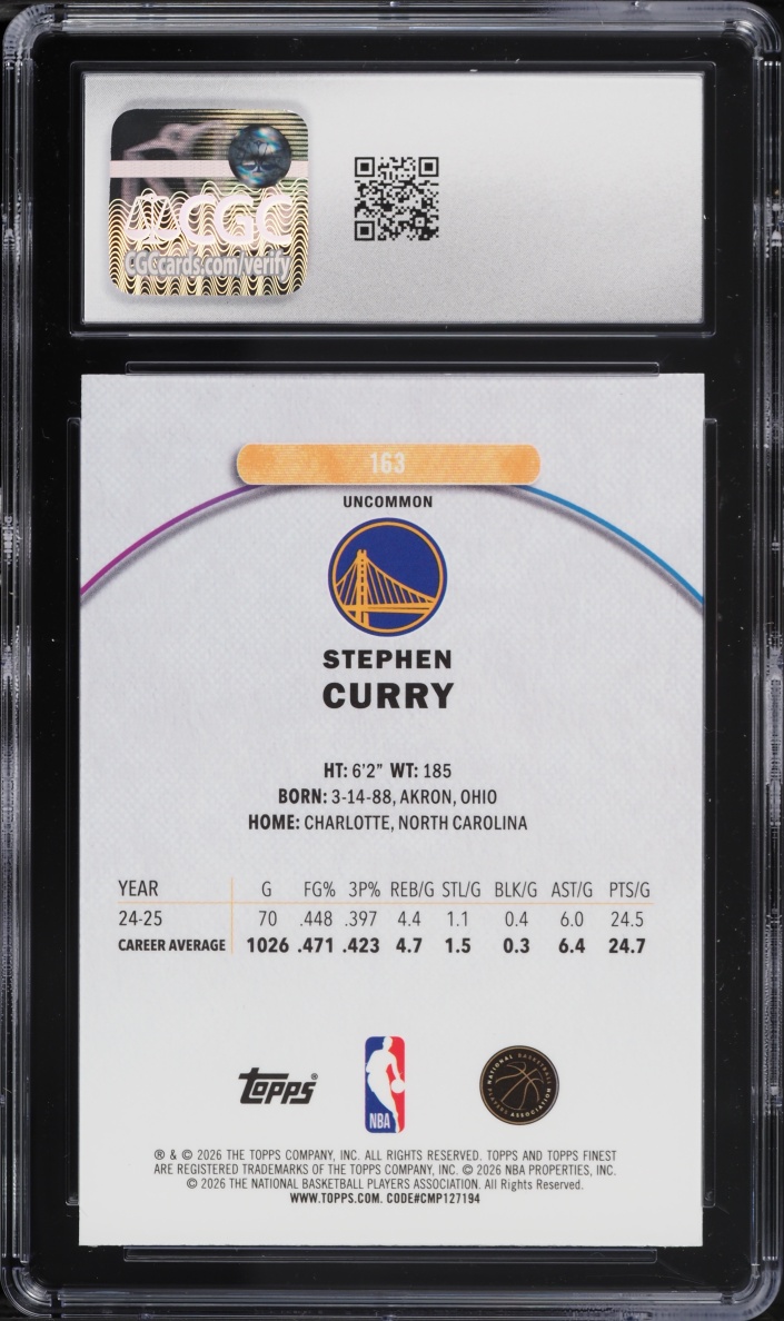 2025 Finest Purple Refractor Stephen Curry /200 #163 CGC 10 GEM MINT