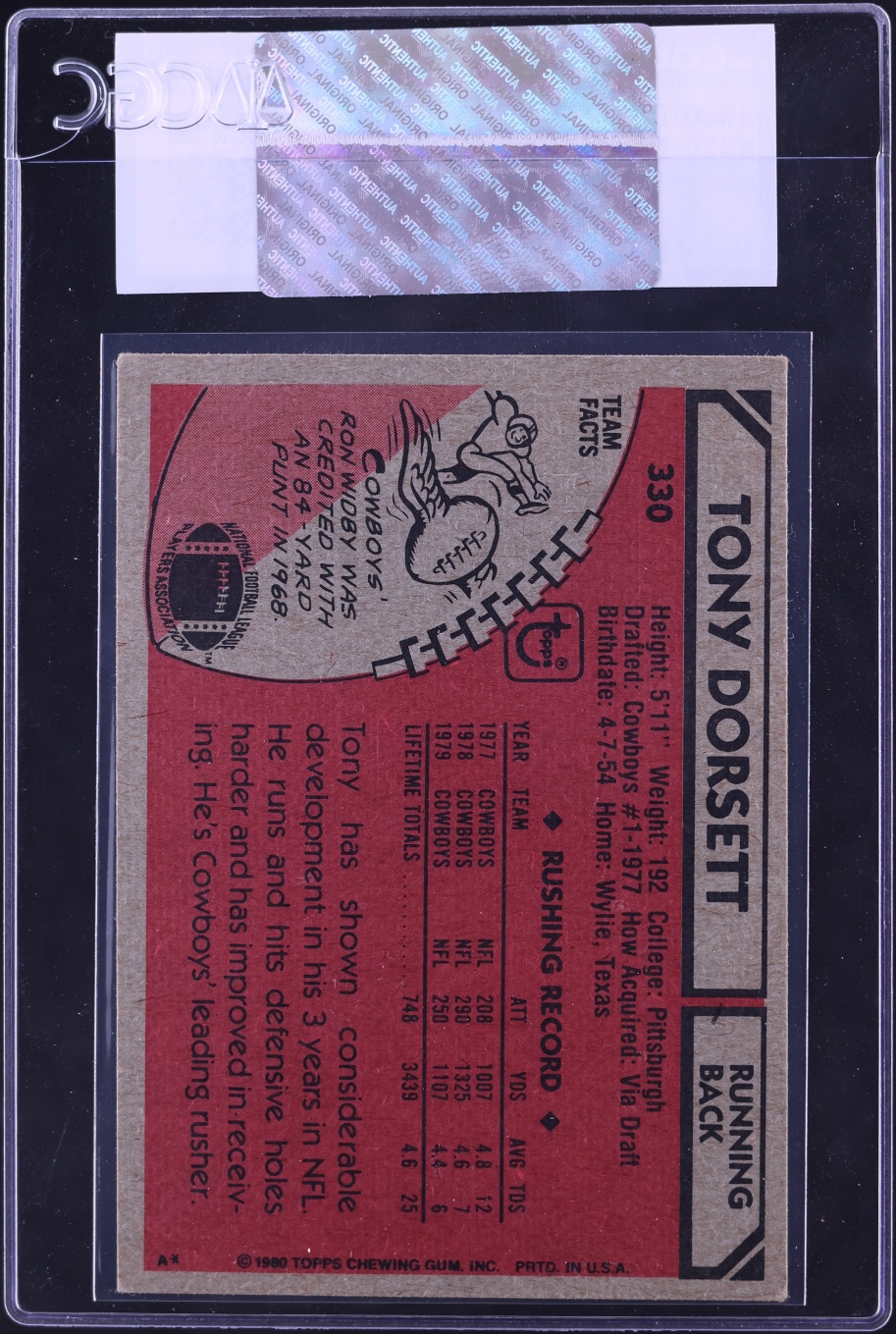 1980 Topps Football Tony Dorsett #330 CGC AUTH