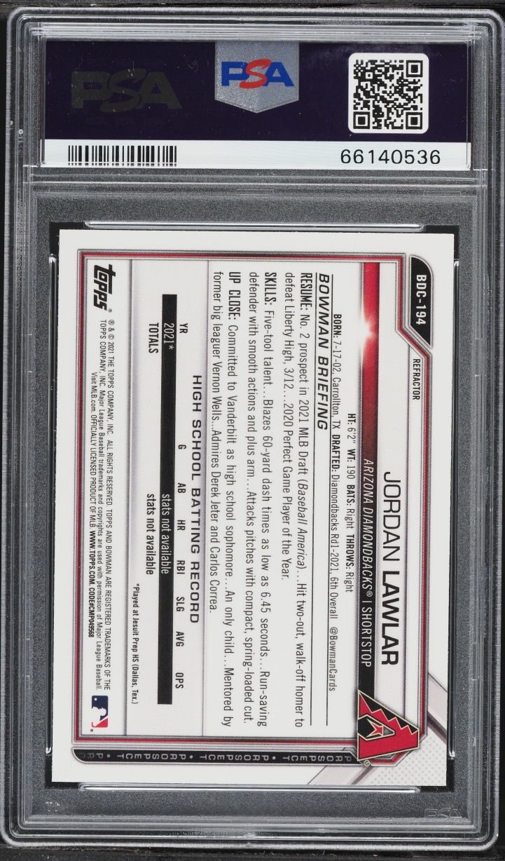 2021 Bowman Chrome Draft Refractor Jordan Lawlar PROSPECT #BDC-194 PSA 10 GEM MINT