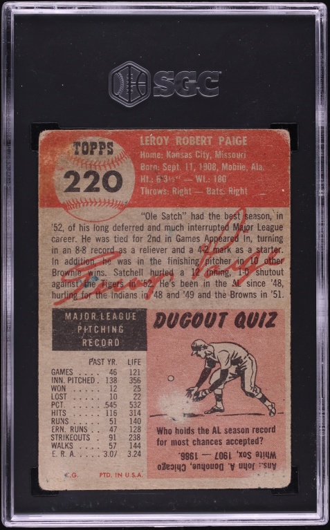 1953 Topps Satchell Paige #220 SGC AUTH