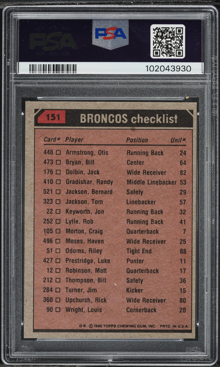 1980 Topps Football Denver Broncos Team Leaders #151 PSA 10 GEM MINT
