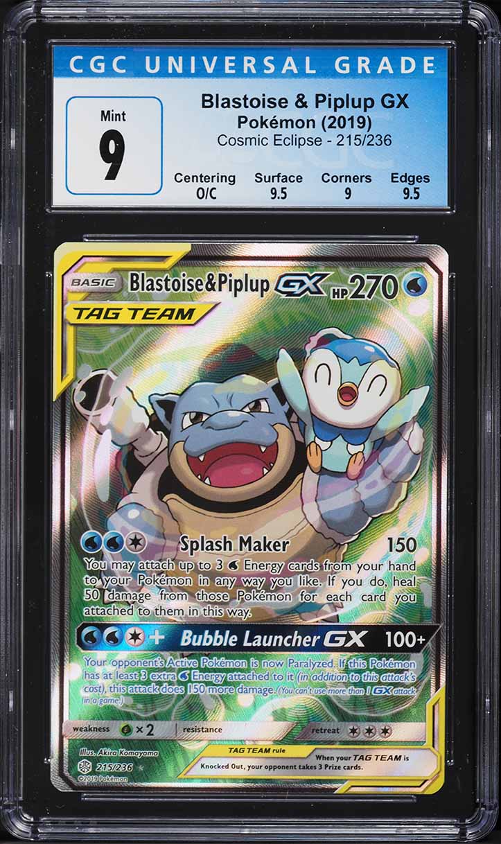 2019 Pokemon Sun & Moon Cosmic Eclipse Alt Art Blastoise & Piplup GX #215 CGC 9 - Main Image