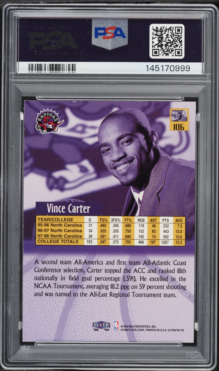 1998 Ultra Basketball Vince Carter ROOKIE #106 PSA 8 NM-MT