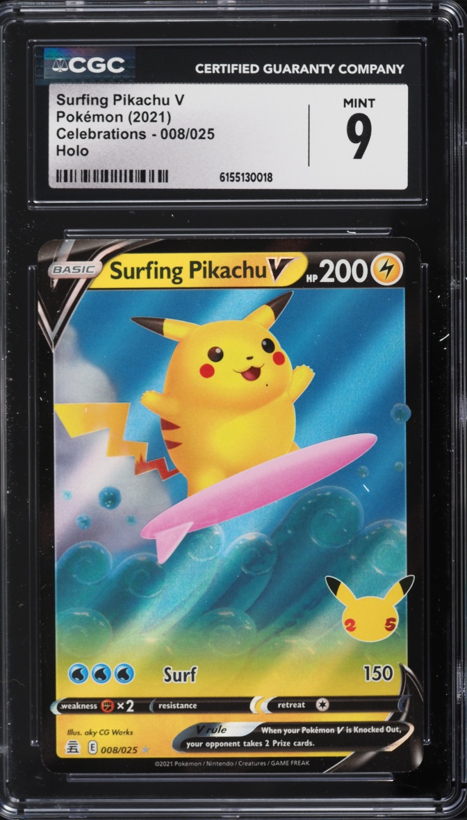 2021 Pokemon Sword & Shield Celebrations Holo Surfing Pikachu V #8 CGC 9 Mint