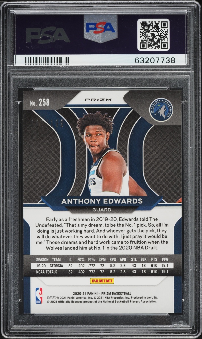 2020 Panini Prizm Blue Anthony Edwards ROOKIE /199 #258 PSA 10 GEM MINT