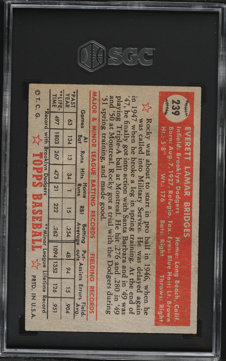 1952 Topps Rocky Bridges ROOKIE #239 SGC 4 VGEX