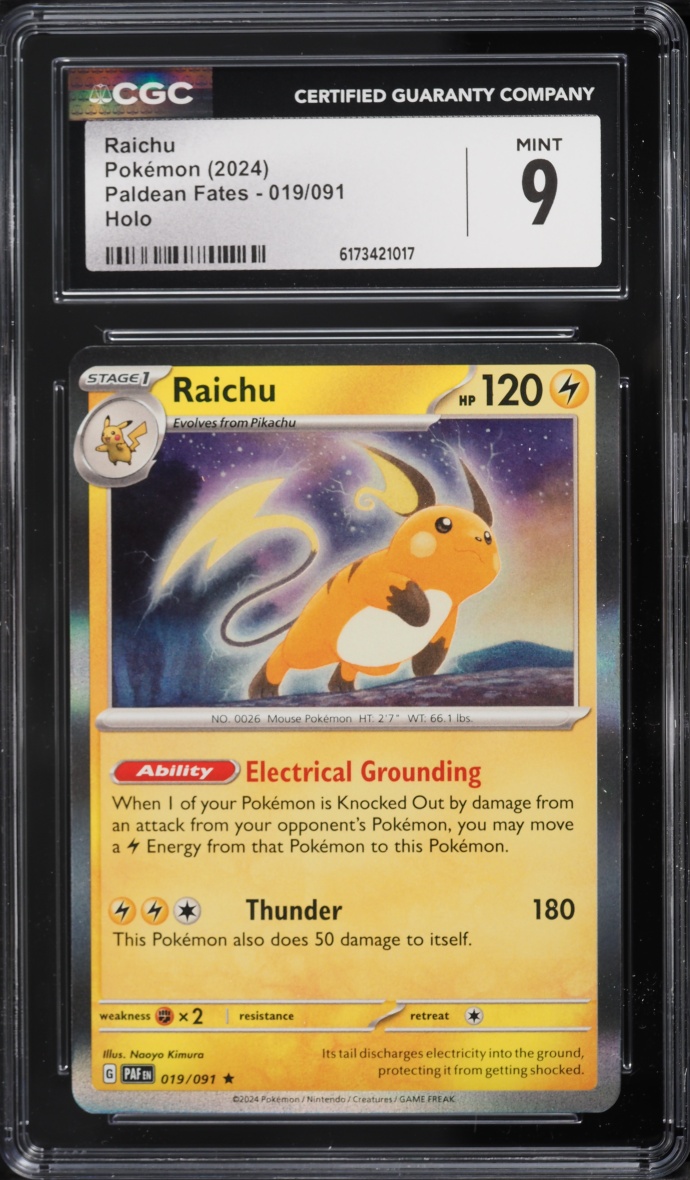 2024 Pokemon Scarlet & Violet Paldean Fates Holo Raichu #019 CGC 9 MINT