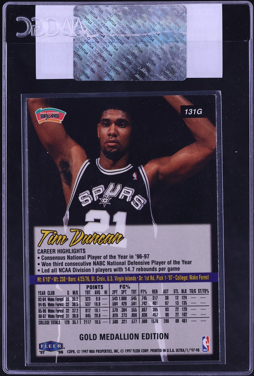 1997 Fleer Ultra Gold Medallion Tim Duncan #131G CGC AUTH
