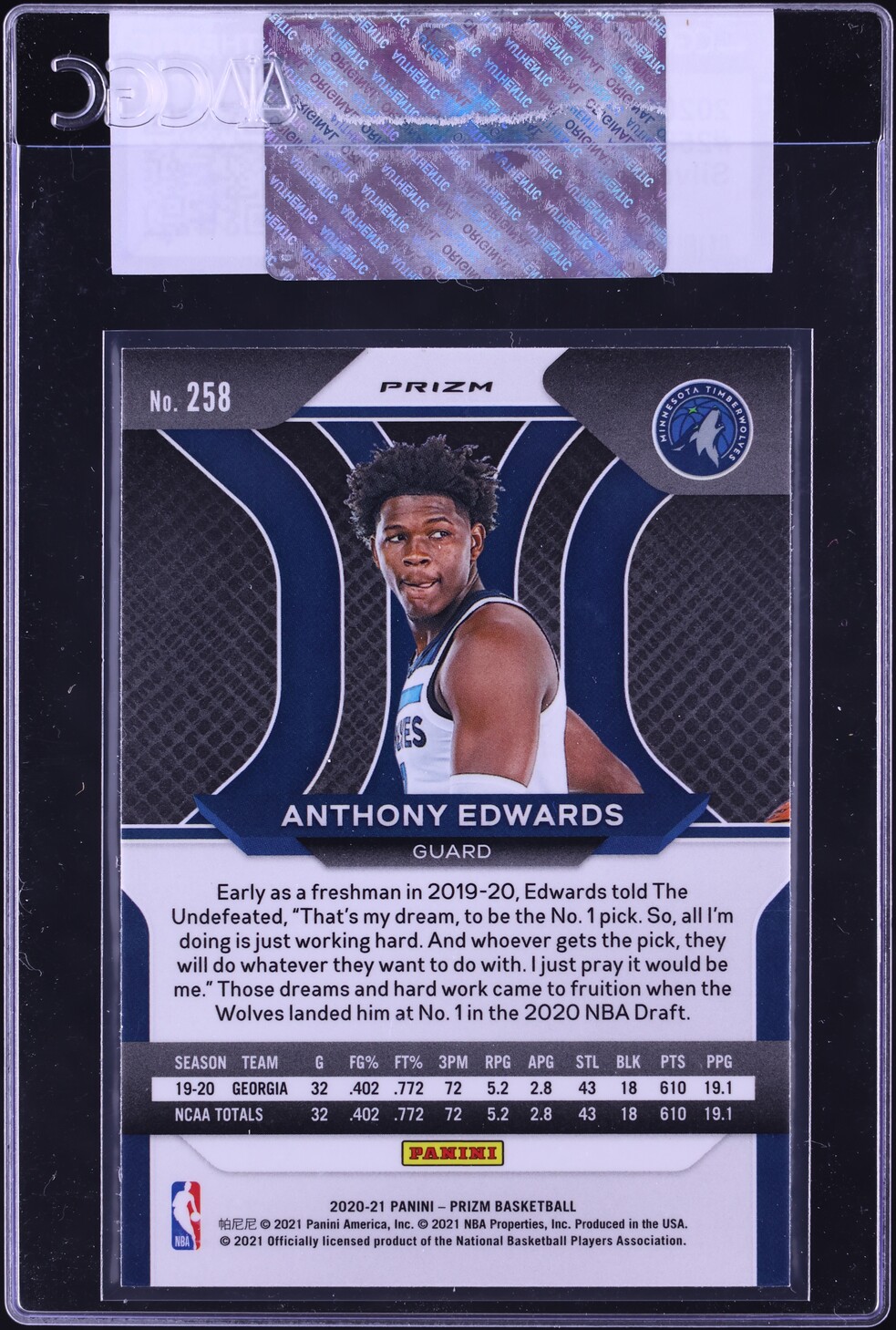 2020 Panini Prizm Silver Anthony Edwards ROOKIE #258 CGC AUTH