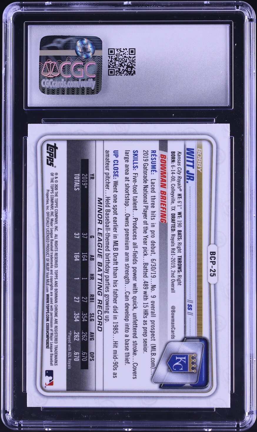 2020 Bowman Chrome Bobby Witt Jr. PROSPECT #BCP-25 CGC 9 MINT