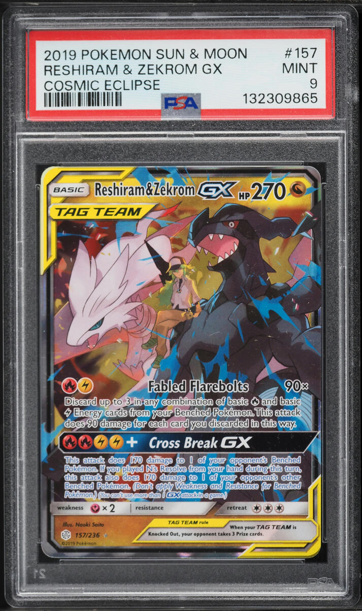2019 Pokemon Sun & Moon Cosmic Eclipse Reshiram & Zekrom GX #157 PSA 9 MINT