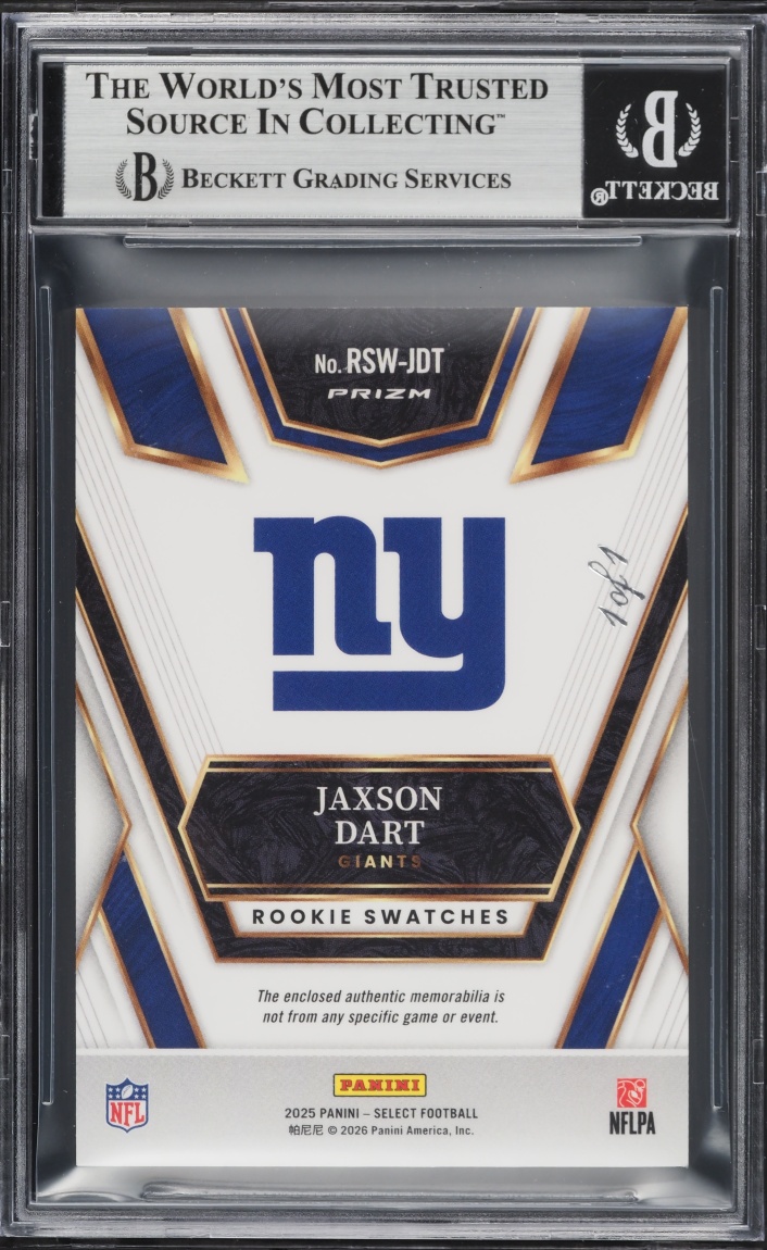 2025 Select Swatches Prizm Black Jaxson Dart ROOKIE PATCH 1/1 #RSW-JDT BGS 9 MINT