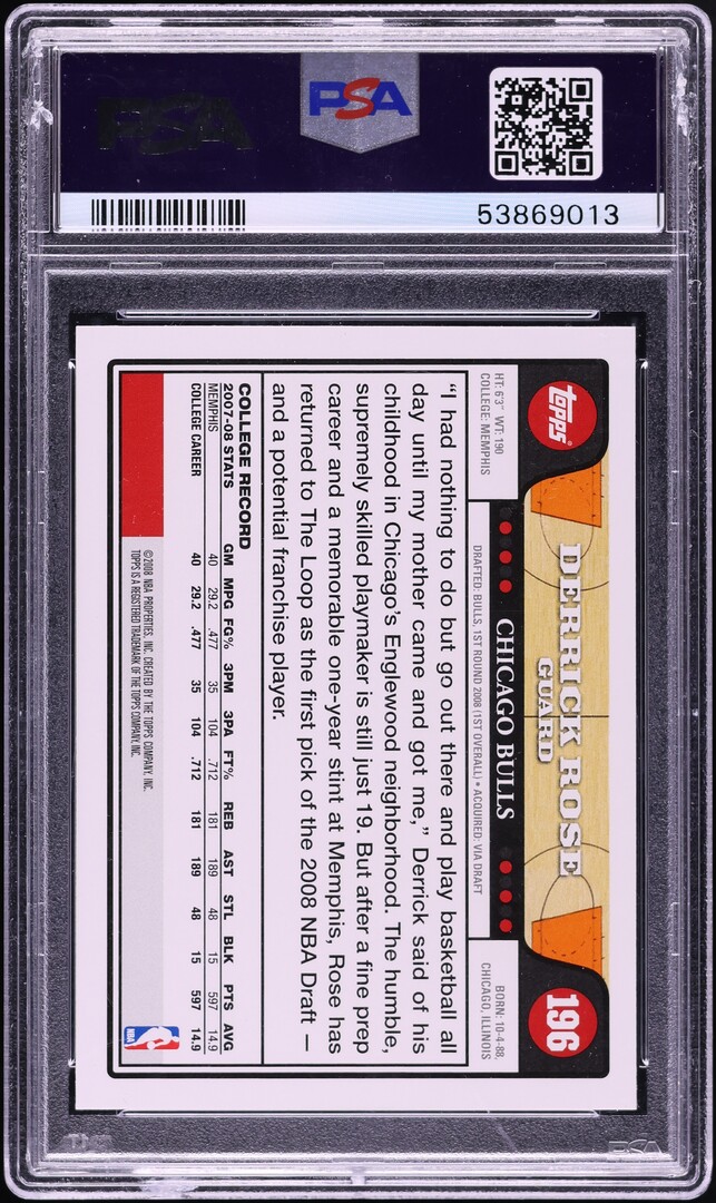 2008 Topps Basketball Derrick Rose ROOKIE #196 PSA 10 GEM MINT