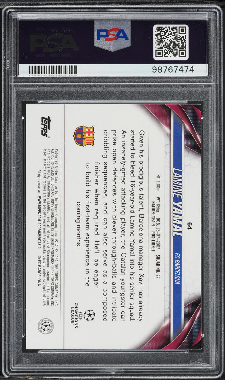 2023 Topps Chrome UEFA CC Aqua Prism Refractor Lamine Yamal ROOKIE PSA 9 MINT