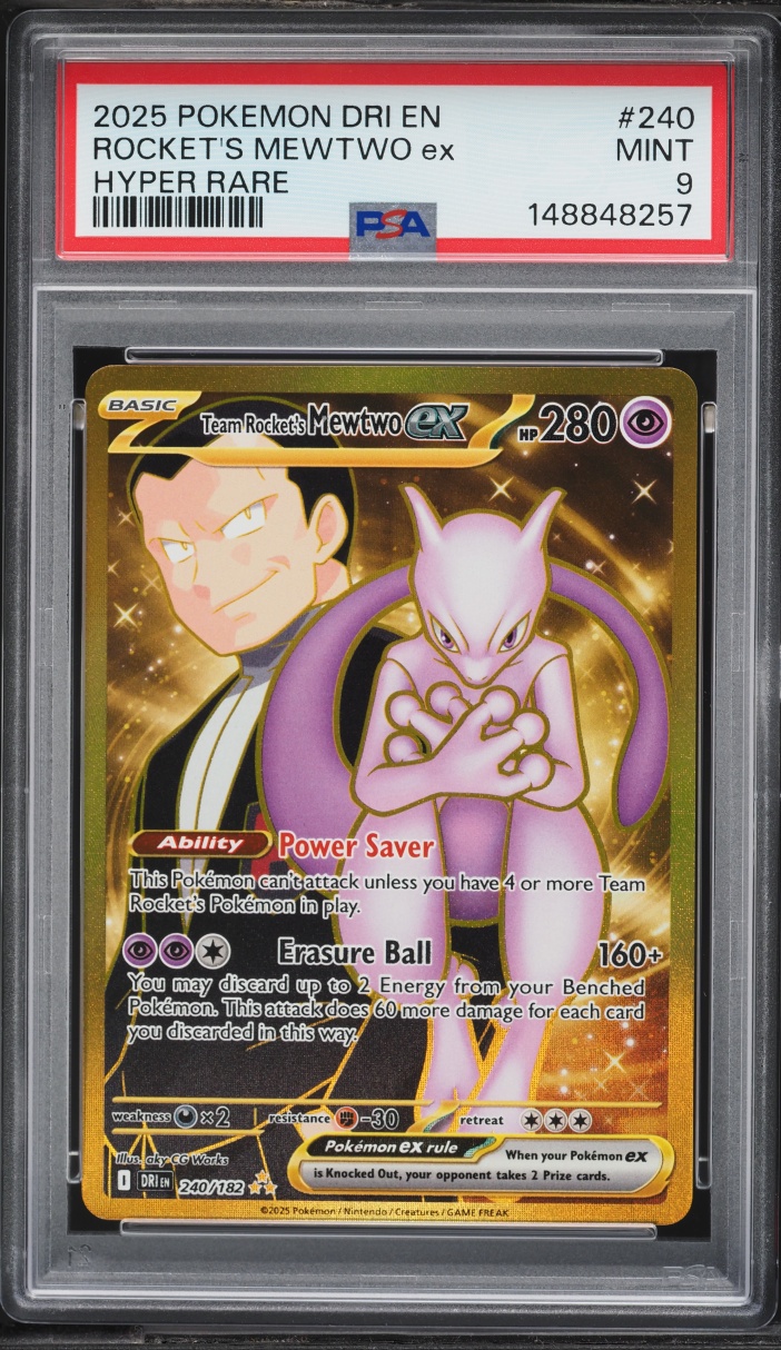 2025 Pokemon Scarlet & Violet Destined Rivals Gold Rare Team Rocket's Mewtwo ex #240 PSA 9 MINT