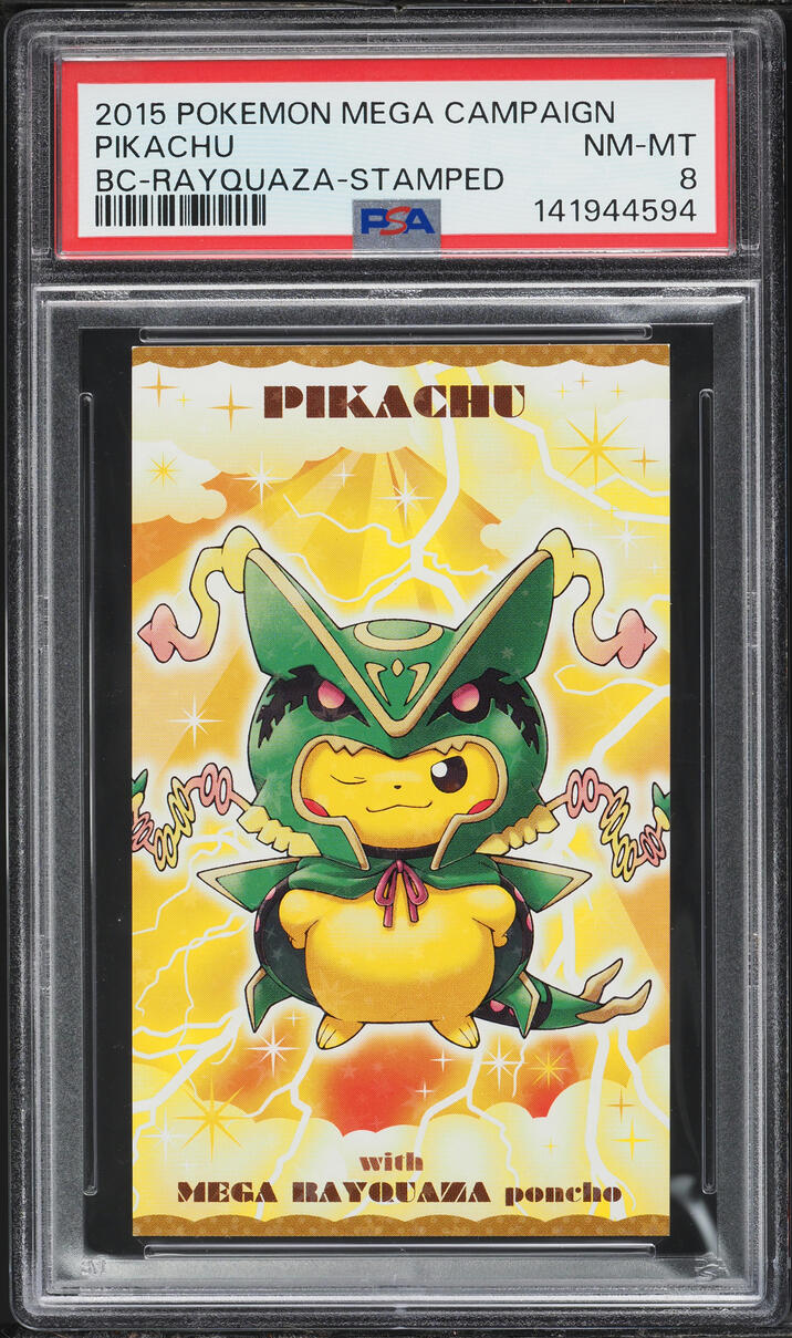 2015 Pokemon Japanese XY Promo MC Business Card Stamped M Rayquaza Poncho Pikachu PSA 8 NM-MT