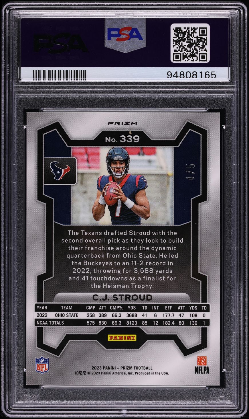 2023 Panini Prizm No Huddle Neon Green CJ Stroud ROOKIE /5 #339 PSA 10 GEM MINT