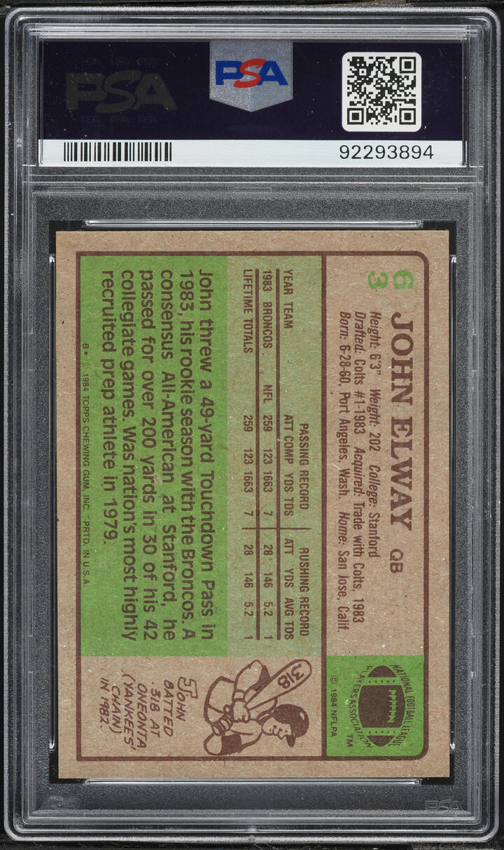 1984 Topps Football John Elway ROOKIE AUTO DNA 10 #63 PSA 8 NM-MT