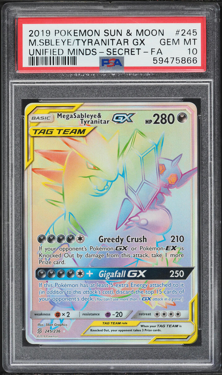 2019 Pokemon Sun & Moon Unified Minds Rainbow Rare Mega Sableye & Tyranitar GX #245 PSA 10 GEM