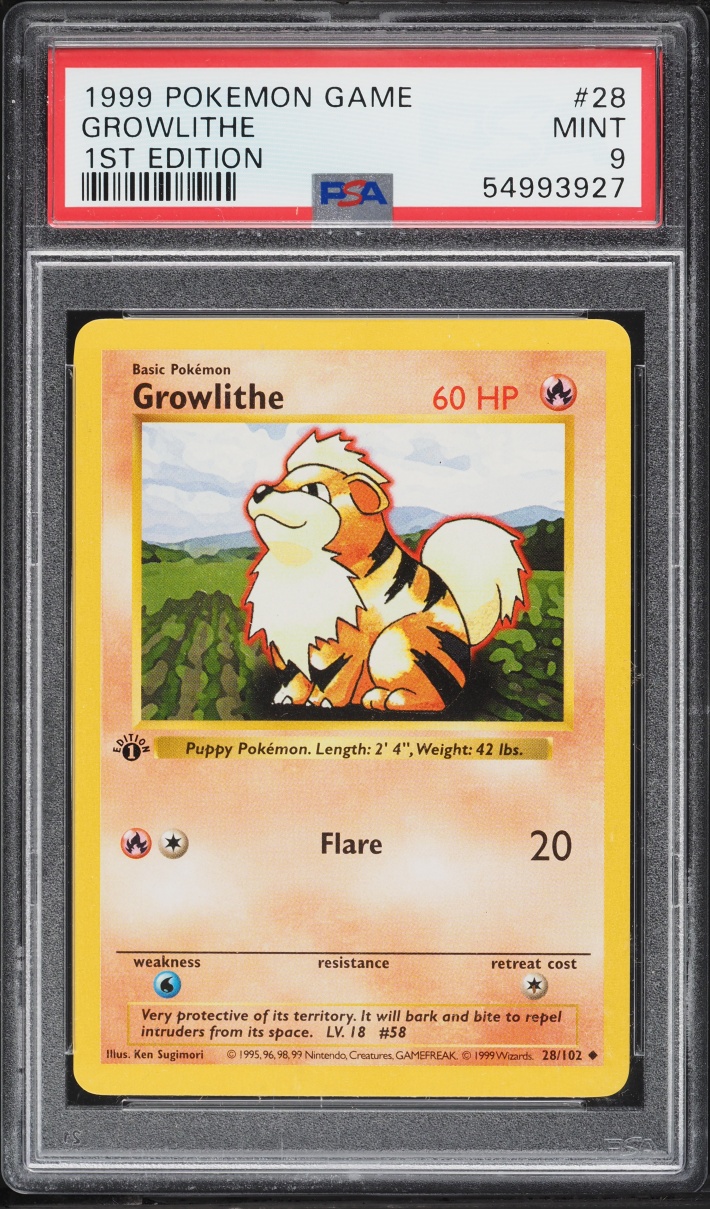 1999 Pokemon Base Set Shadowless 1st Edition Growlithe #28 PSA 9 MINT