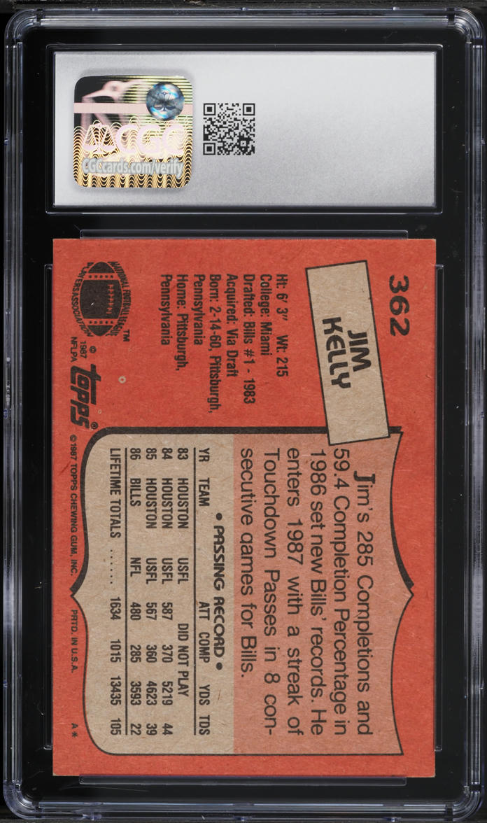 1987 Topps Football Jim Kelly ROOKIE #362 CGC 8.5 NM-MT+