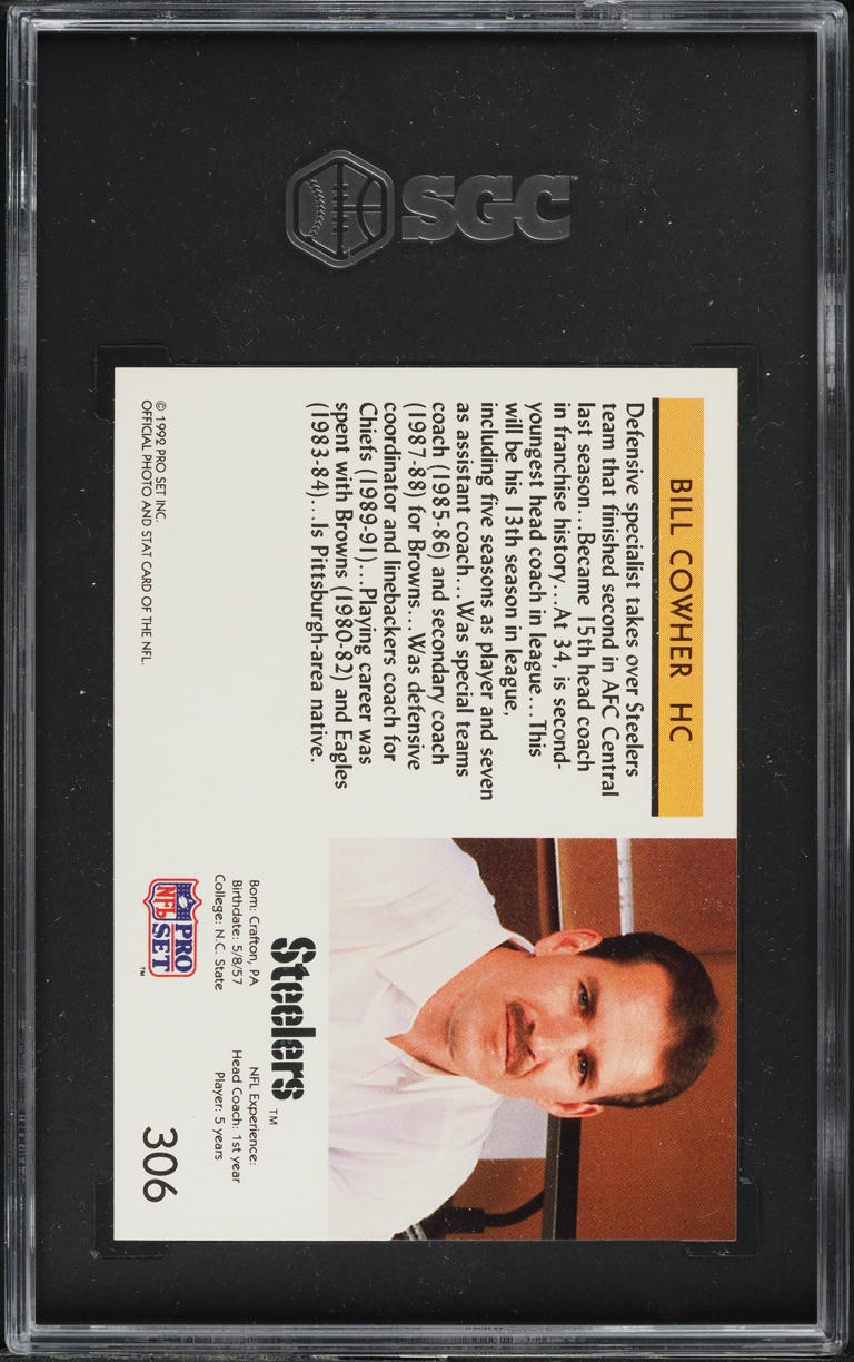 1992 Pro Set Football Bill Cowher #306 SGC 8 NM-MT